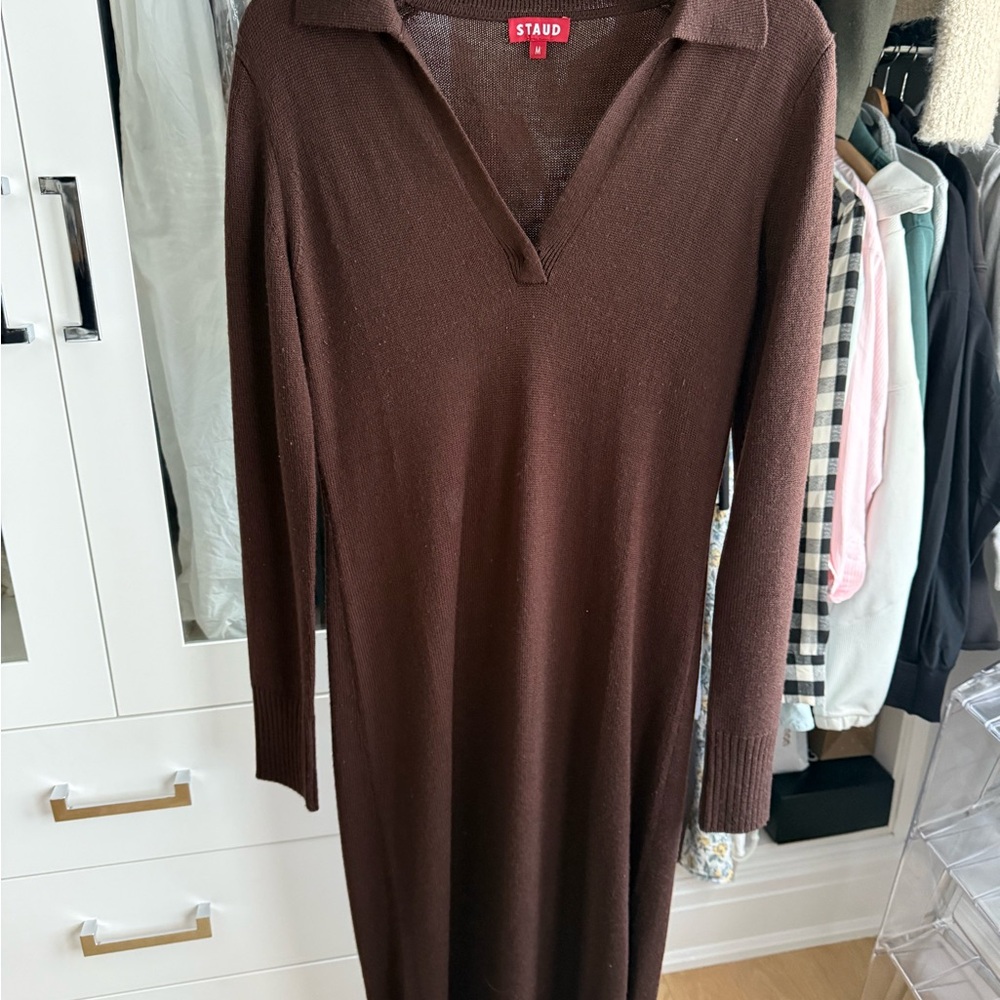 STAUD Brown Sheath Dress with Polo Collar Long Sleeves